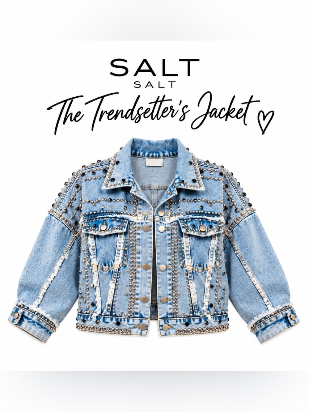 SALT Statement Denim Jacket Silver Studded Distressed Oversized Trendsetter